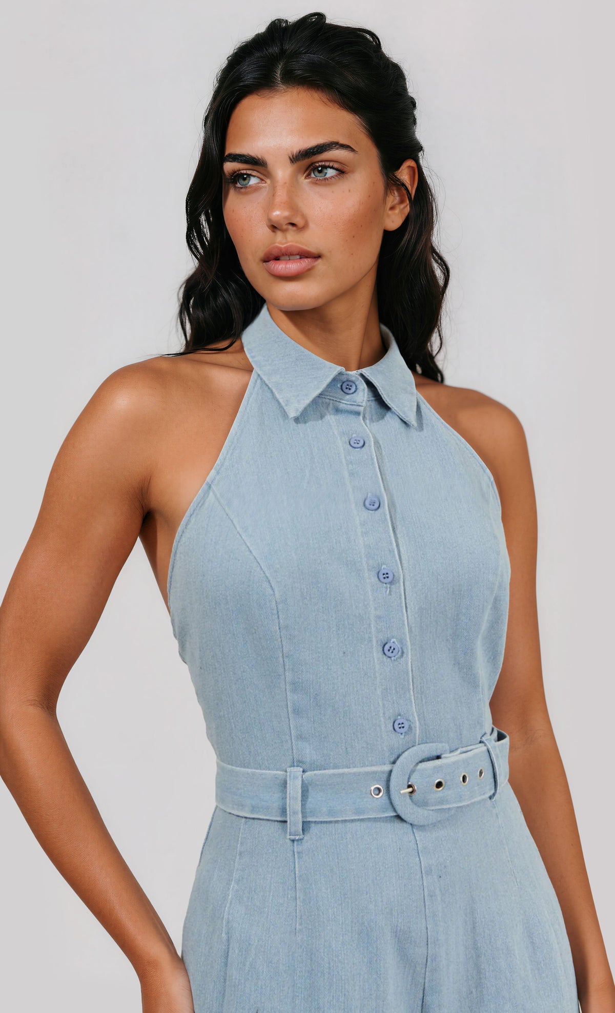 Roslyn Denim Halter Neck Romper - LT/Denim (Final Sale) Roslyn Denim Halter Neck Romper - LT/Denim (Final Sale)