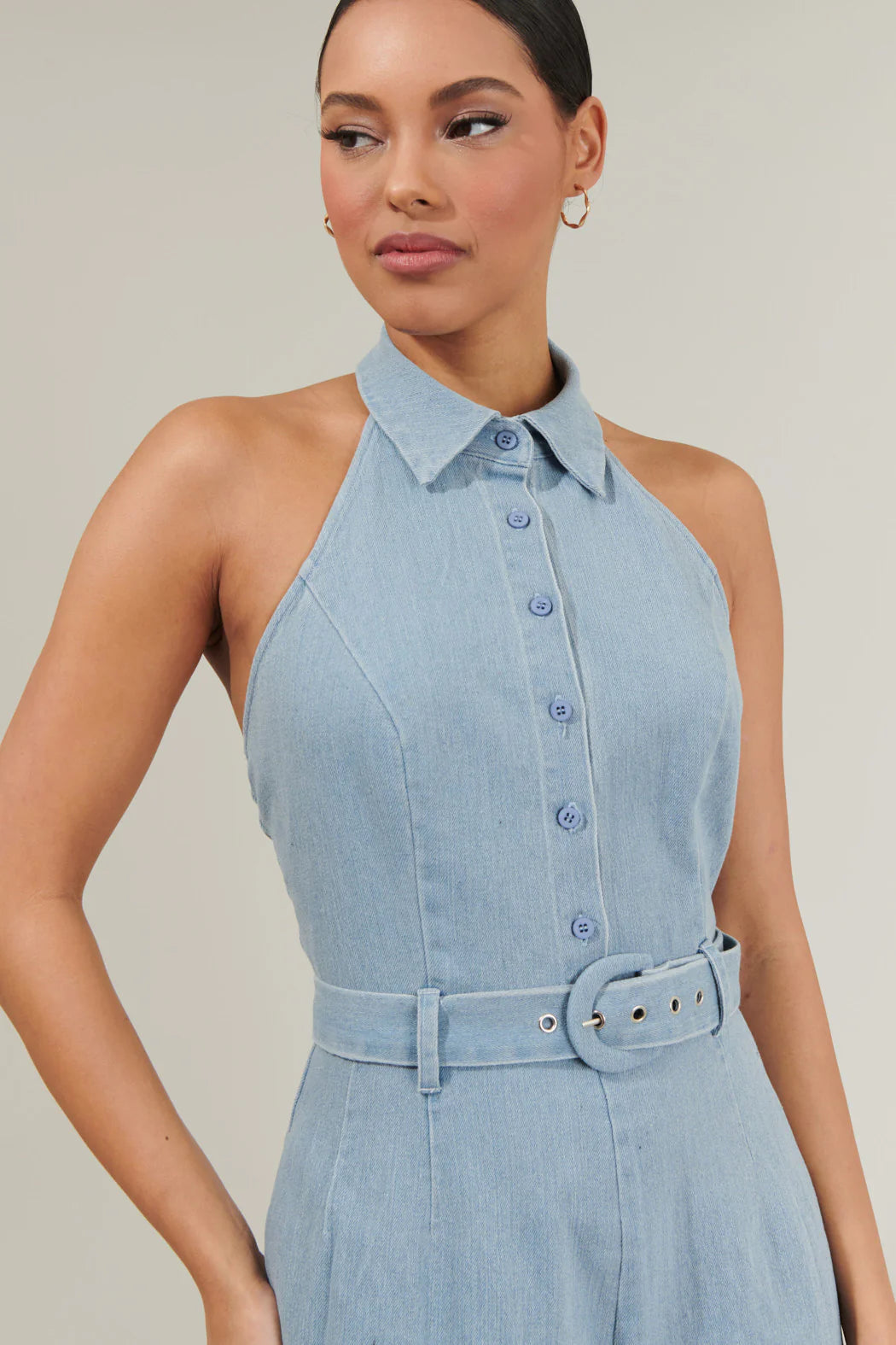 Roslyn Denim Halter Neck Romper - LT/Denim (Final Sale) Roslyn Denim Halter Neck Romper - LT/Denim (Final Sale)