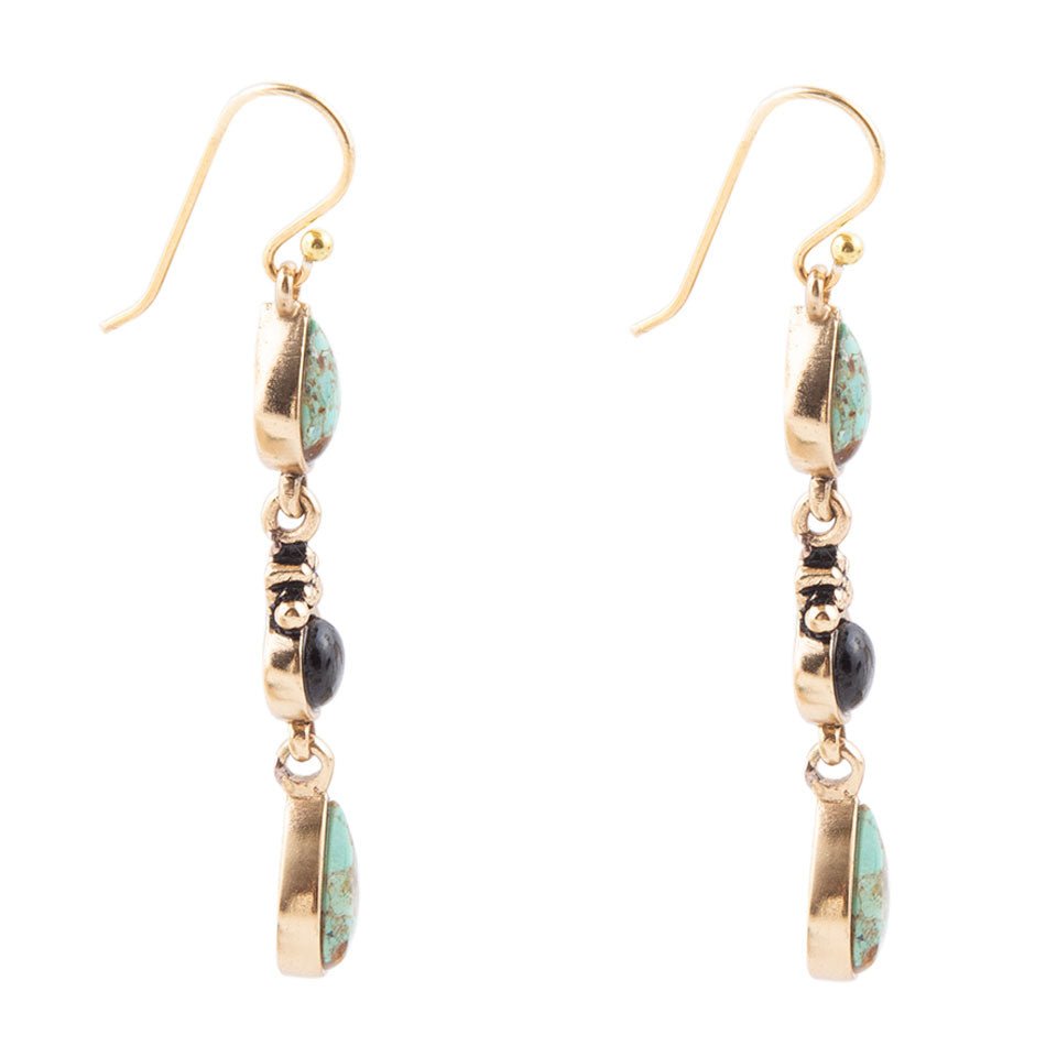 Barcelona Blue Turquoise and Black Onyx Linear Drop Golden Earrings Barcelona Blue Turquoise and Black Onyx Linear Drop Golden Earrings