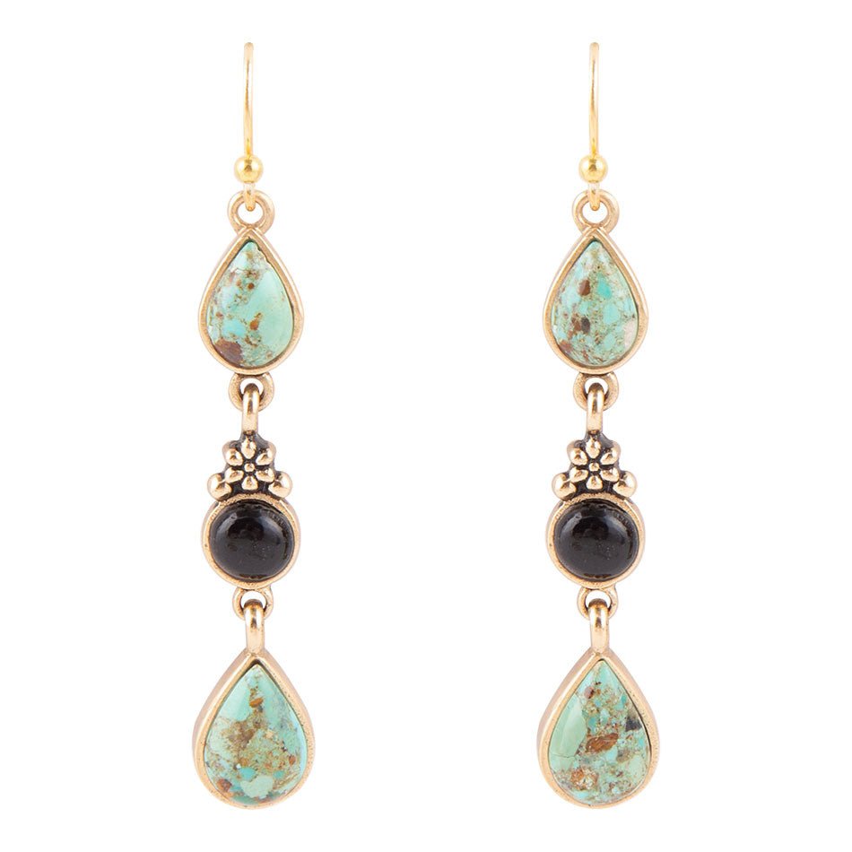Barcelona Blue Turquoise and Black Onyx Linear Drop Golden Earrings Barcelona Blue Turquoise and Black Onyx Linear Drop Golden Earrings