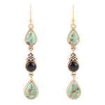 Barcelona Blue Turquoise and Black Onyx Linear Drop Golden Earrings Barcelona Blue Turquoise and Black Onyx Linear Drop Golden Earrings