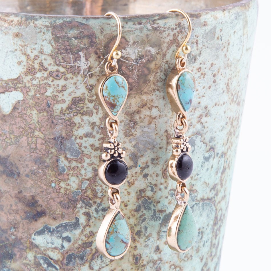 Barcelona Blue Turquoise and Black Onyx Linear Drop Golden Earrings Barcelona Blue Turquoise and Black Onyx Linear Drop Golden Earrings