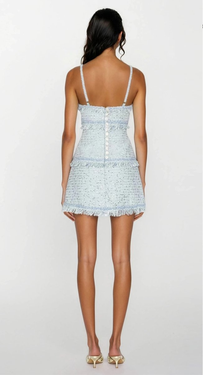 Elina Fringe Boucle Mini Dress – Blue Boucle Elina Fringe Boucle Mini Dress – Blue Boucle