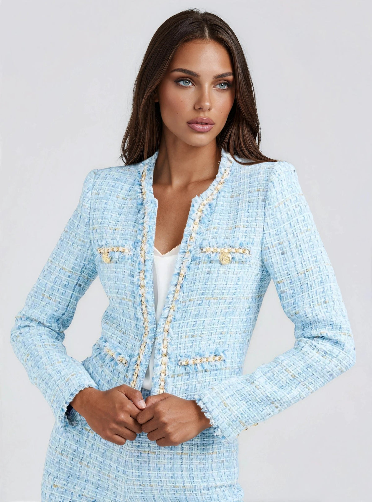 Betsy Buttoned Tweed Blazer - Sky Blue Betsy Buttoned Tweed Blazer - Sky Blue - XO, Tina