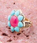 Blue Turquoise and Red Quartz Flower Golden Ring Blue Turquoise and Red Quartz Flower Golden Ring