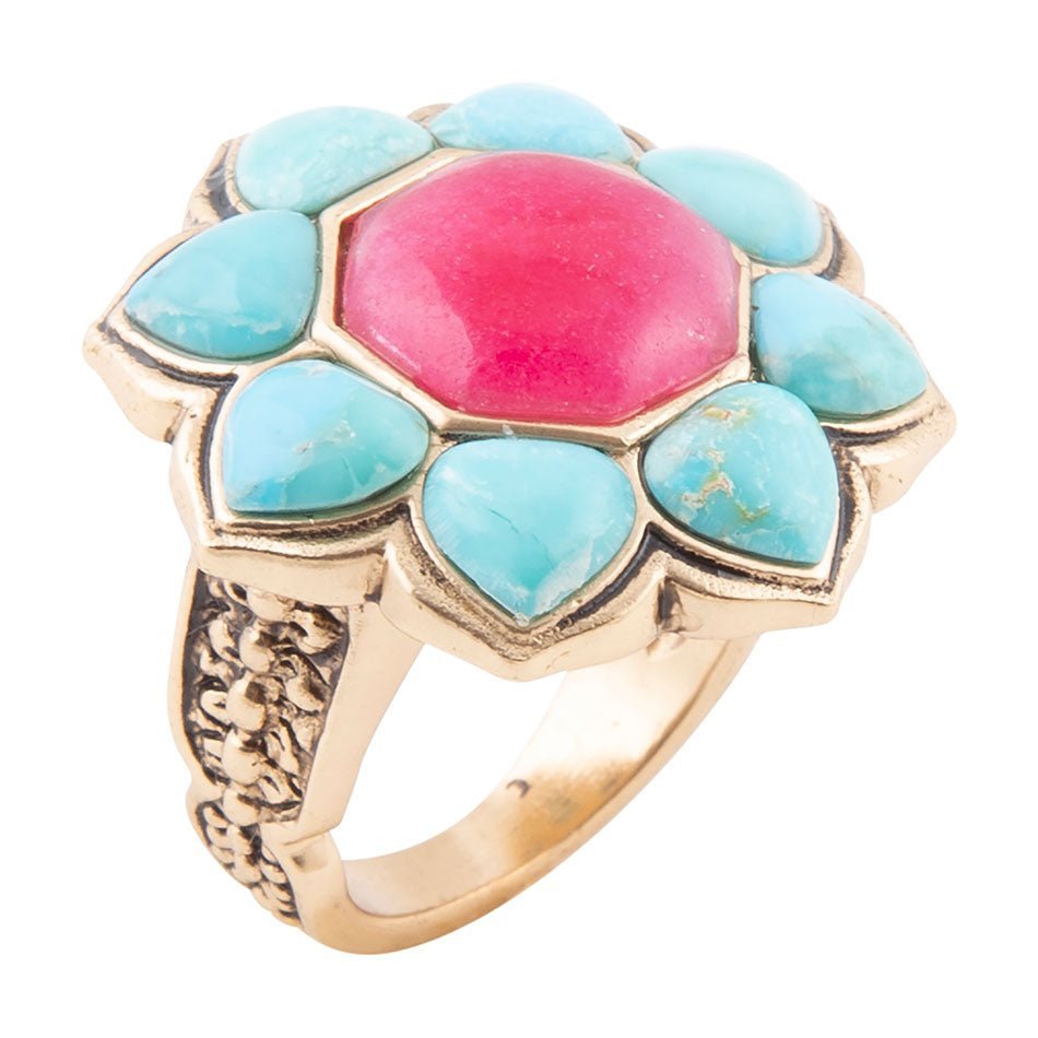 Blue Turquoise and Red Quartz Flower Golden Ring Blue Turquoise and Red Quartz Flower Golden Ring