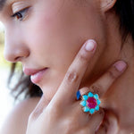 Blue Turquoise and Red Quartz Flower Golden Ring Blue Turquoise and Red Quartz Flower Golden Ring