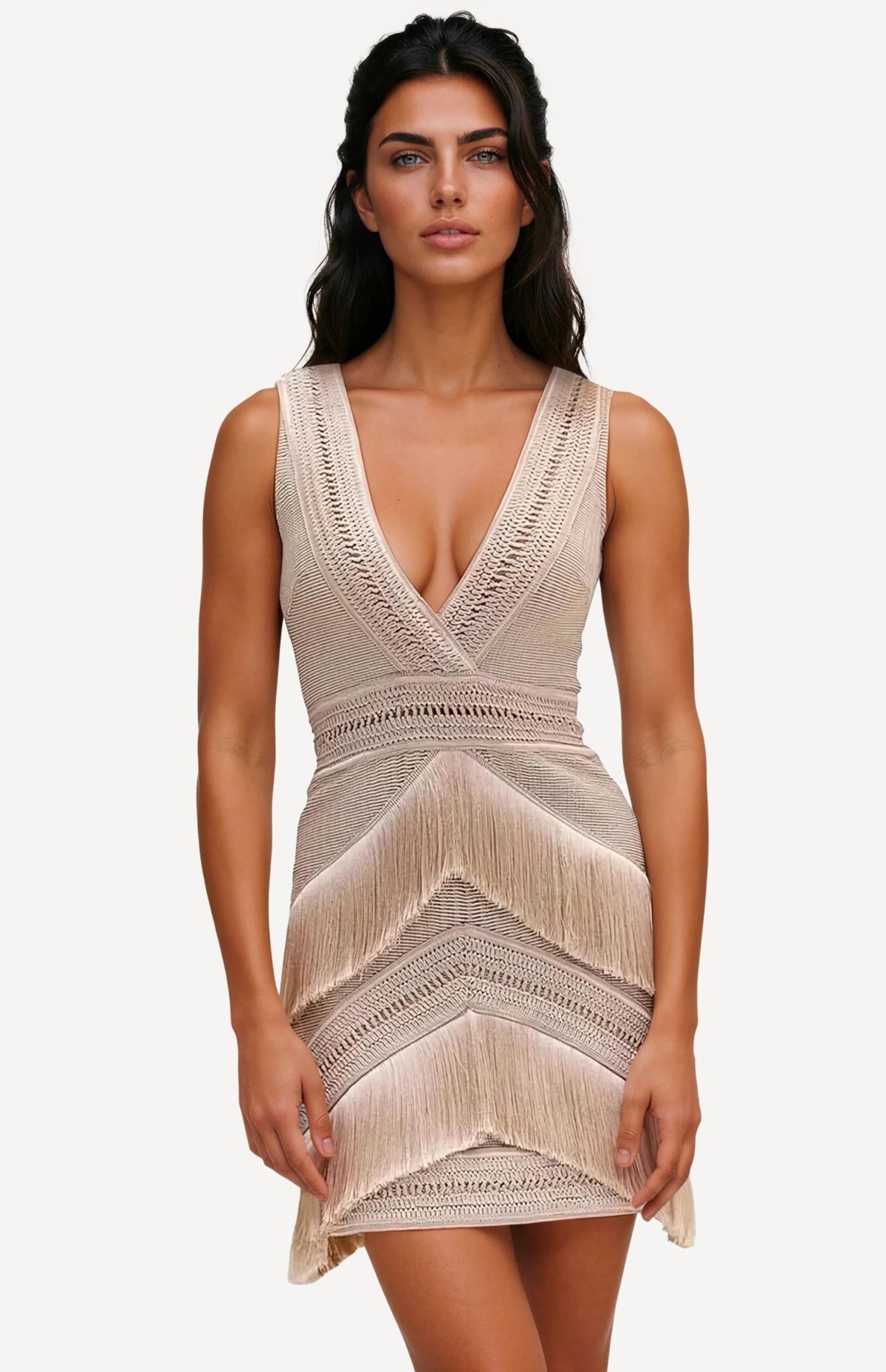 Deep V-Neck Fringe Mini Dress – Clay Deep V-Neck Fringe Mini Dress – Clay