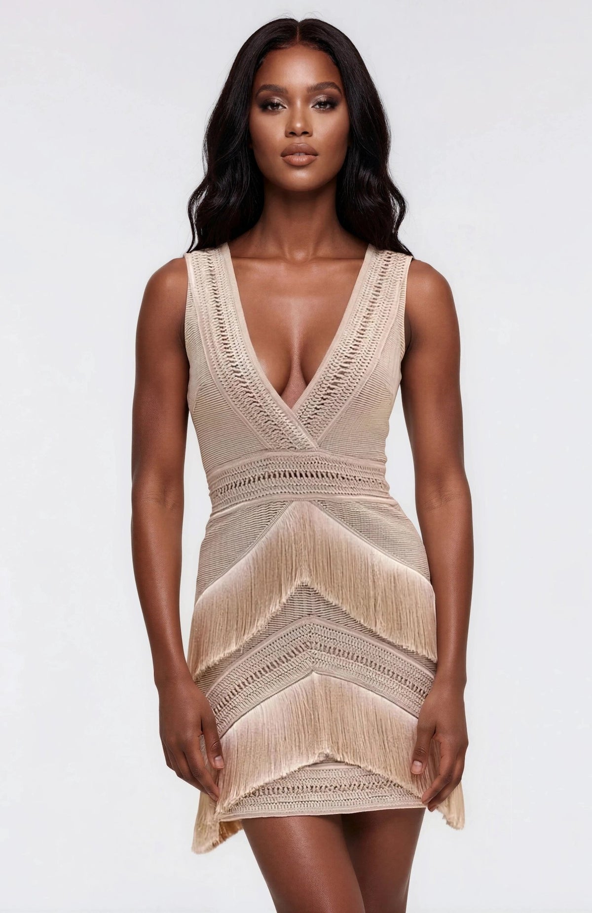 Deep V-Neck Fringe Mini Dress – Clay Deep V-Neck Fringe Mini Dress – Clay