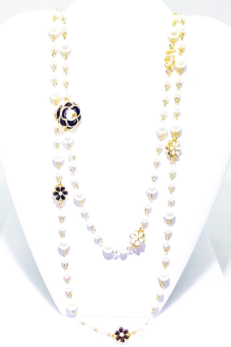 Double Strand Pearl Necklace With Gold Floral Accents Double Strand Pearl Necklace With Gold Floral Accents