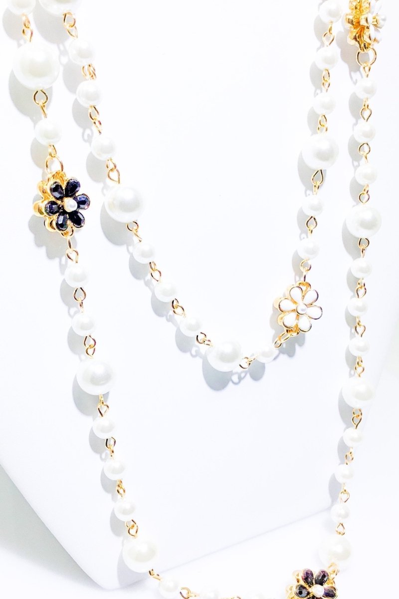 Double Strand Pearl Necklace With Gold Floral Accents Double Strand Pearl Necklace With Gold Floral Accents