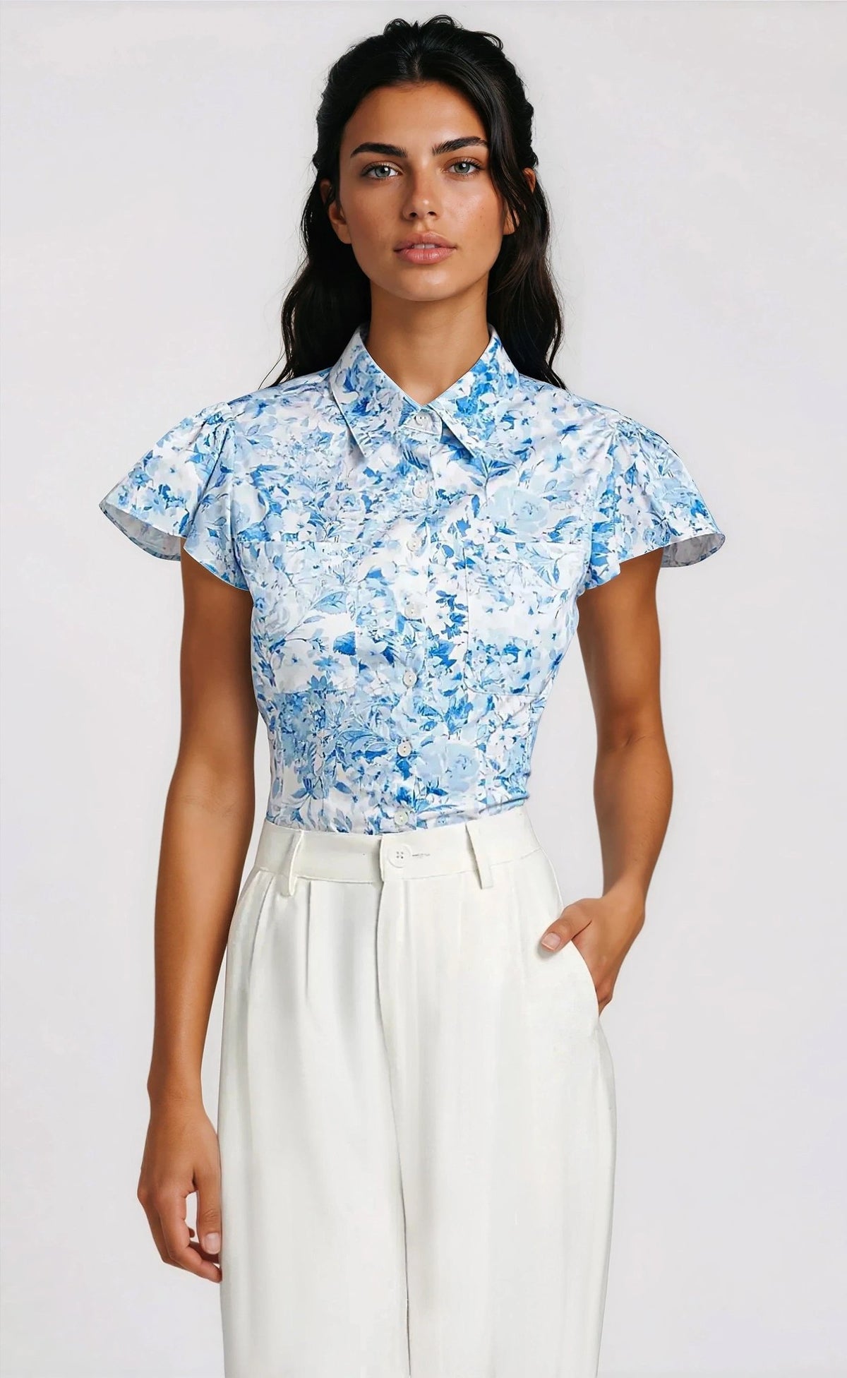 Francesca Floral Poplin Shirt - Zesty Floral White Blue Francesca Floral Poplin Shirt - Zesty Floral White Blue - XO, Tina