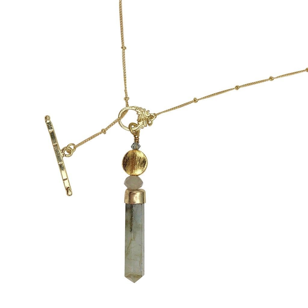 Labradorite Lariat Necklace Large Pendant Satellite Chain Bar Circle Closure Labradorite Lariat Necklace Large Pendant Satellite Chain Bar Circle Closure