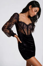 Lace and Velvet Mini Dress - Black Lace and Velvet Mini Dress - Black