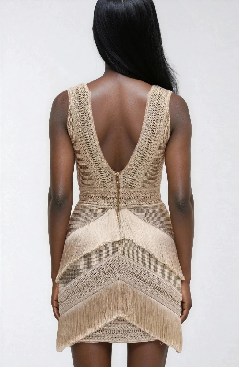 Deep V-Neck Fringe Mini Dress – Clay Deep V-Neck Fringe Mini Dress – Clay