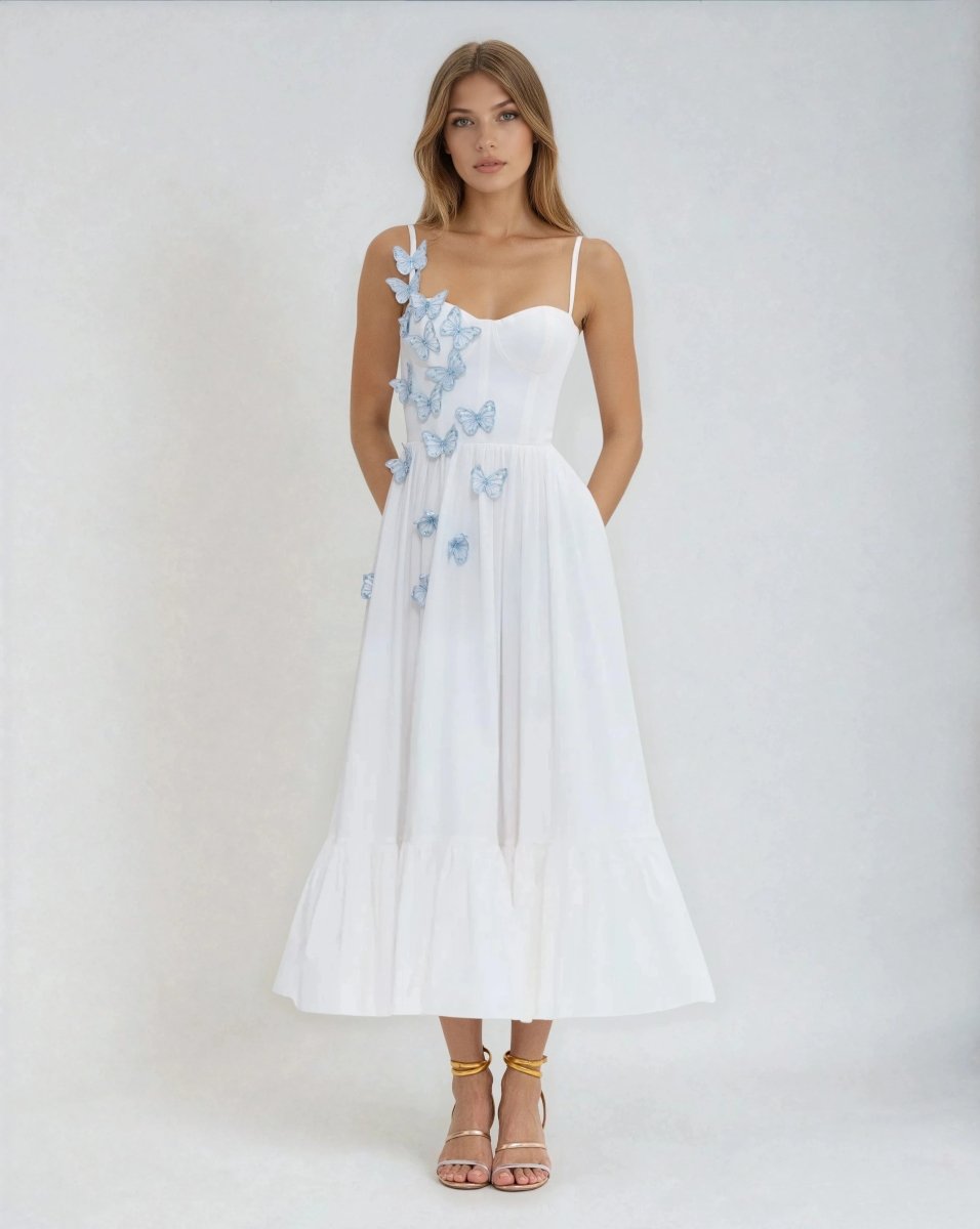 Flutter Poplin Butterfly Midi Dress – Off White Flutter Poplin Butterfly Midi Dress – Off White