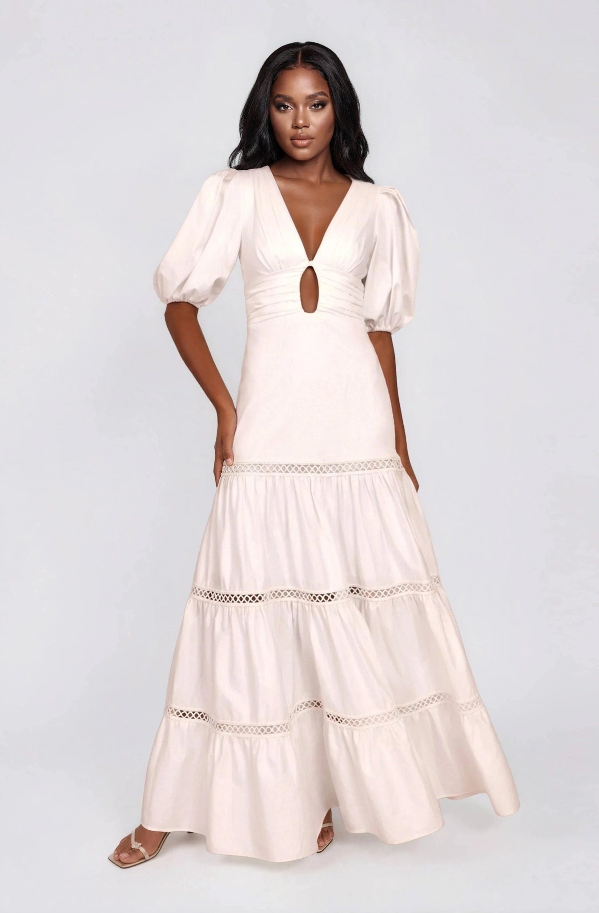 Plunge Sleeve Long Dress – White Plunge Sleeve Long Dress – White