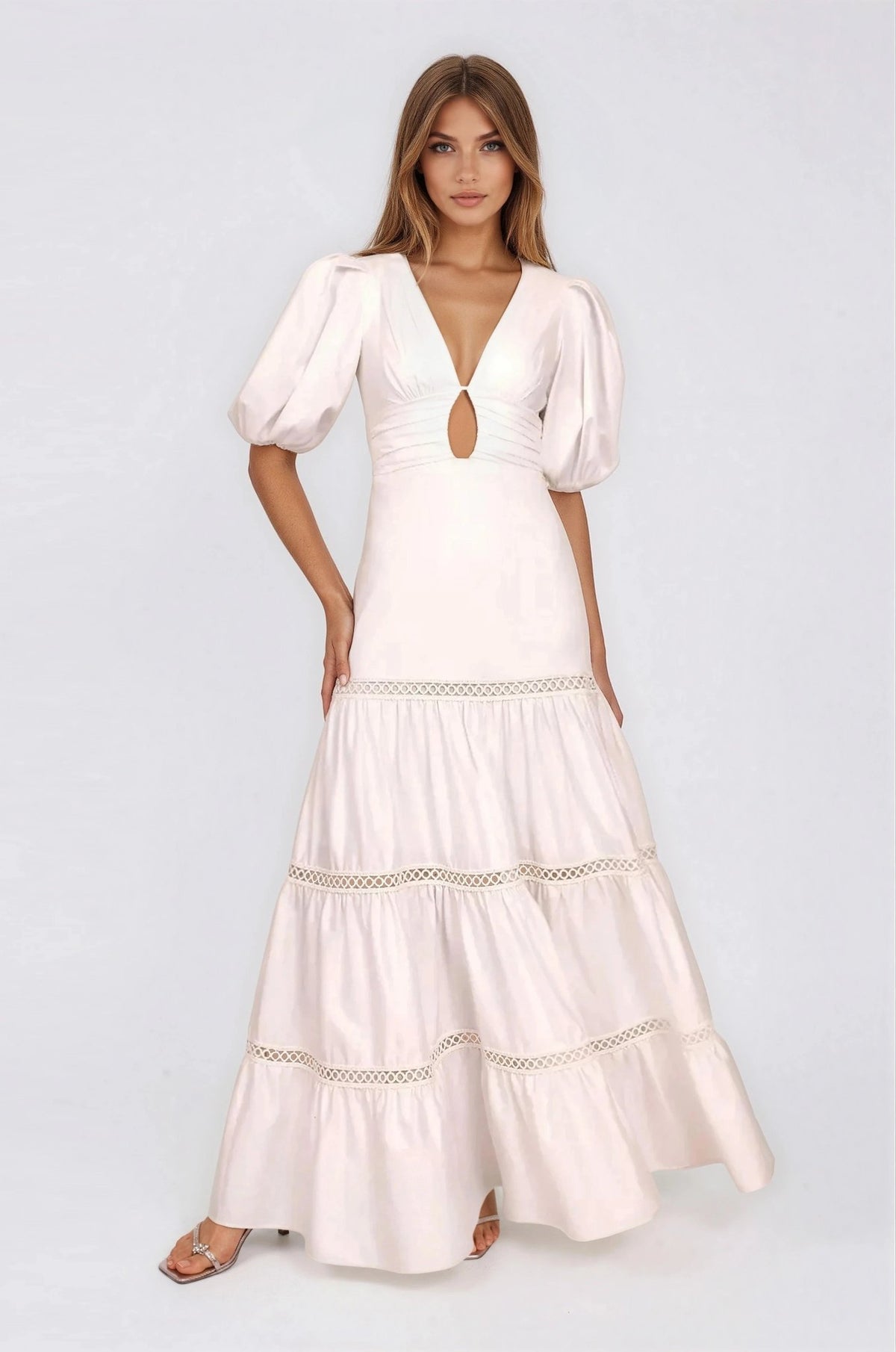 Plunge Sleeve Long Dress – White Plunge Sleeve Long Dress – White
