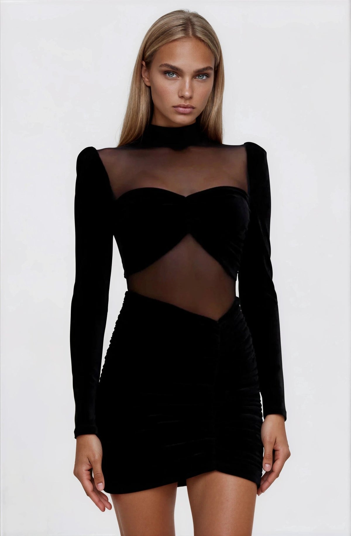 Velvet and Stretch Tulle Mini Dress - Black Velvet and Stretch Tulle Mini Dress - Black