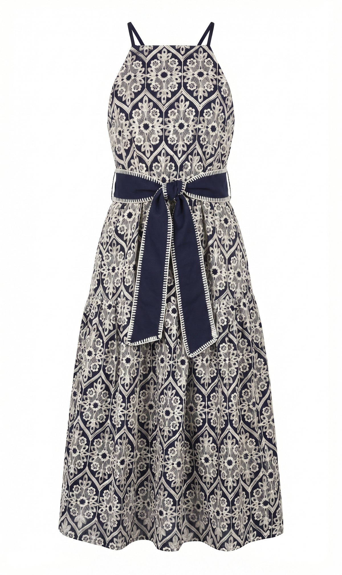 Anell Halter Embroidered Dress - Navy/Cream (Final Sale)