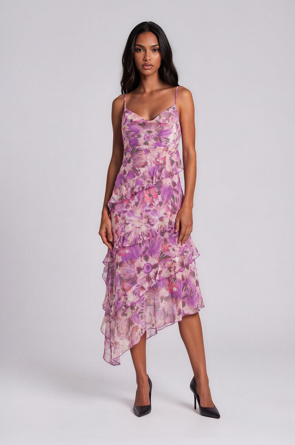 Gia Cowl Neck Frill Midi Dress - Violet Yellow (Final Sale)