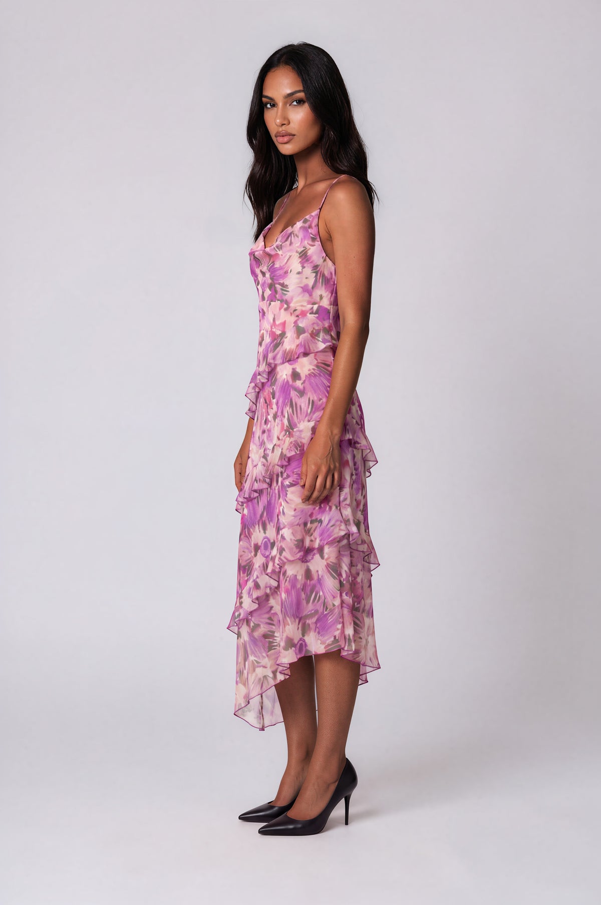 Gia Cowl Neck Frill Midi Dress - Violet Yellow (Final Sale)