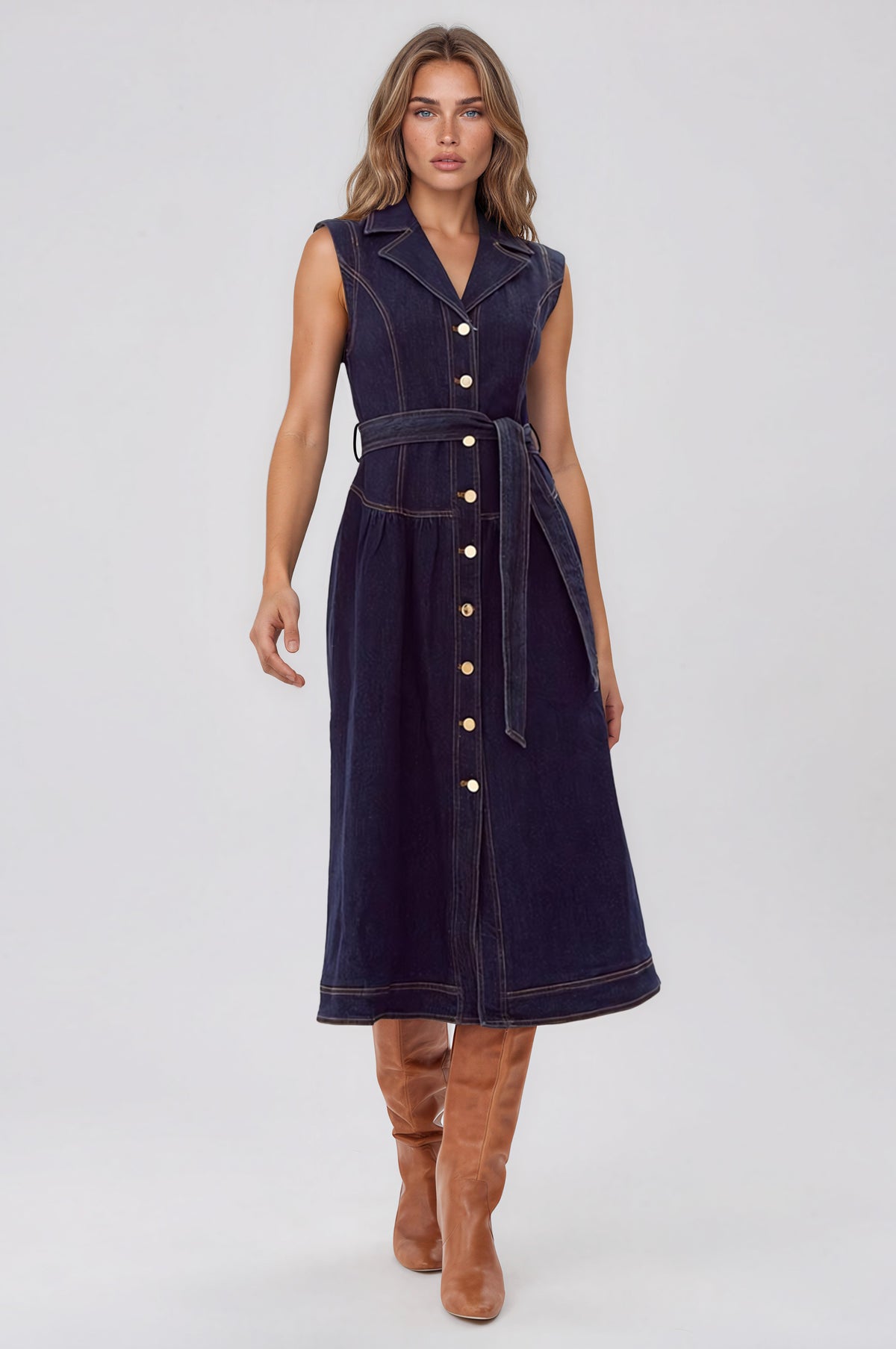 Gloria Belted Denim Shirt Midi Dress - Navy Denim (Final Sale)