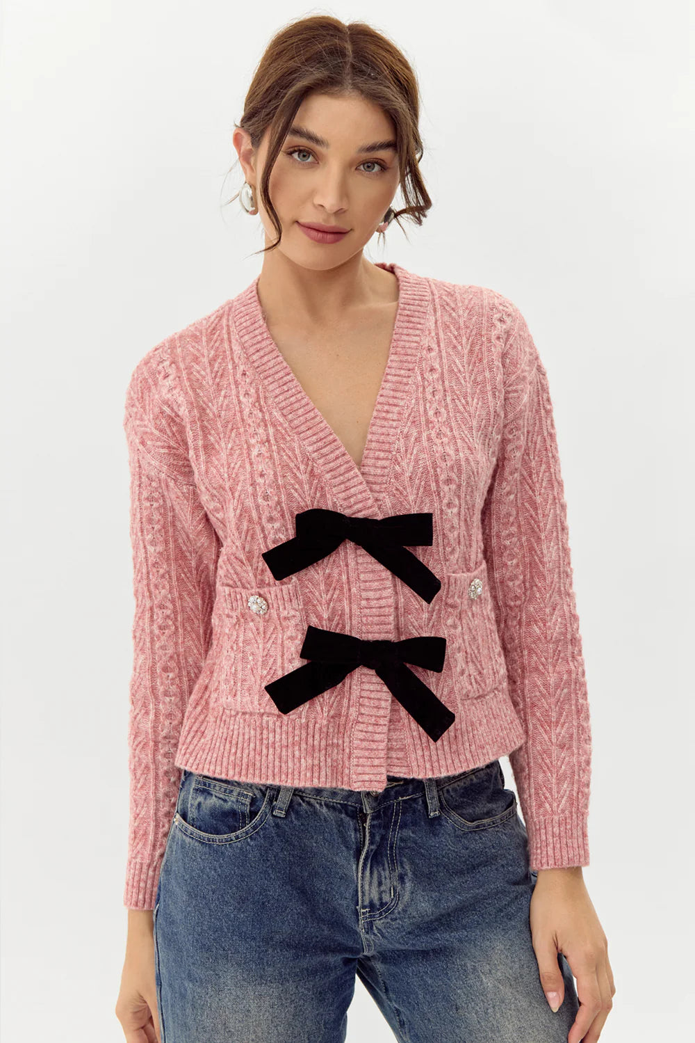 Lauren Bow Front Jeweled Cardigan - Dried Rose (Final Sale)