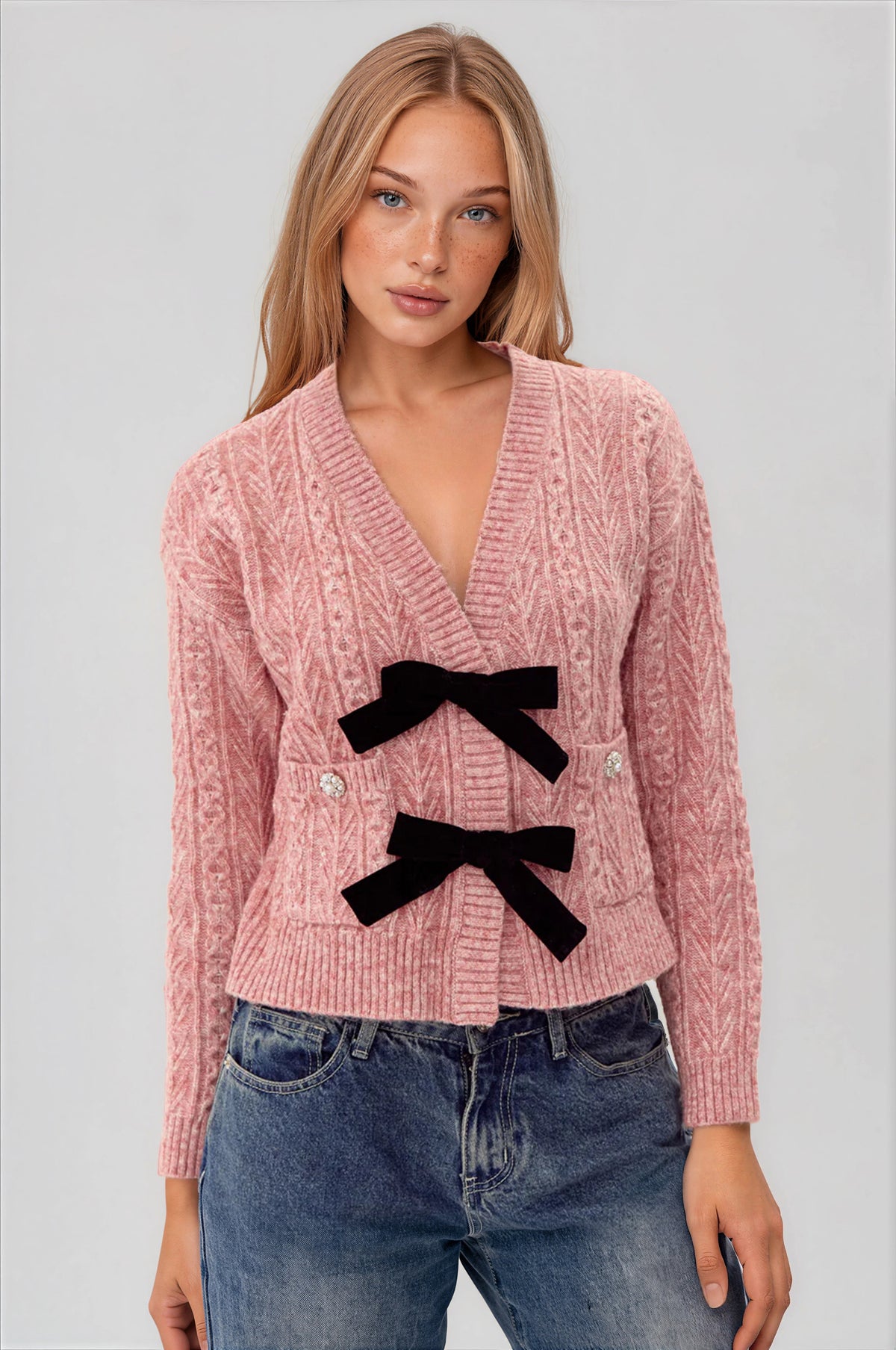 Lauren Bow Front Jeweled Cardigan - Dried Rose (Final Sale)