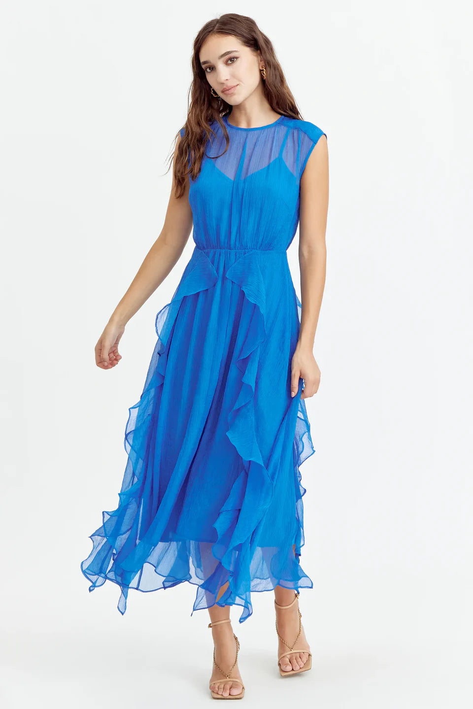 Rosalie Cascading Ruffled Midi Dress - Sea Blue