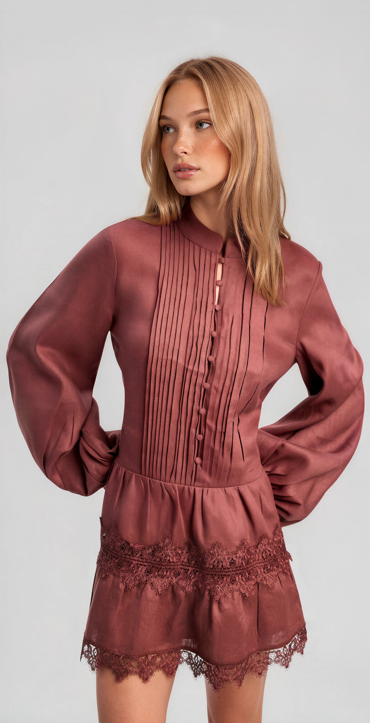 Antonia Lace Trim Mini Dress - Chestnut