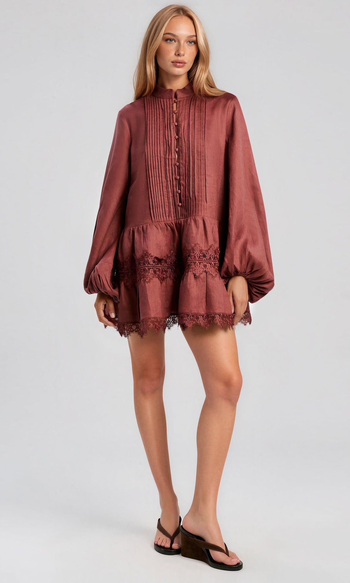 Antonia Lace Trim Mini Dress - Chestnut