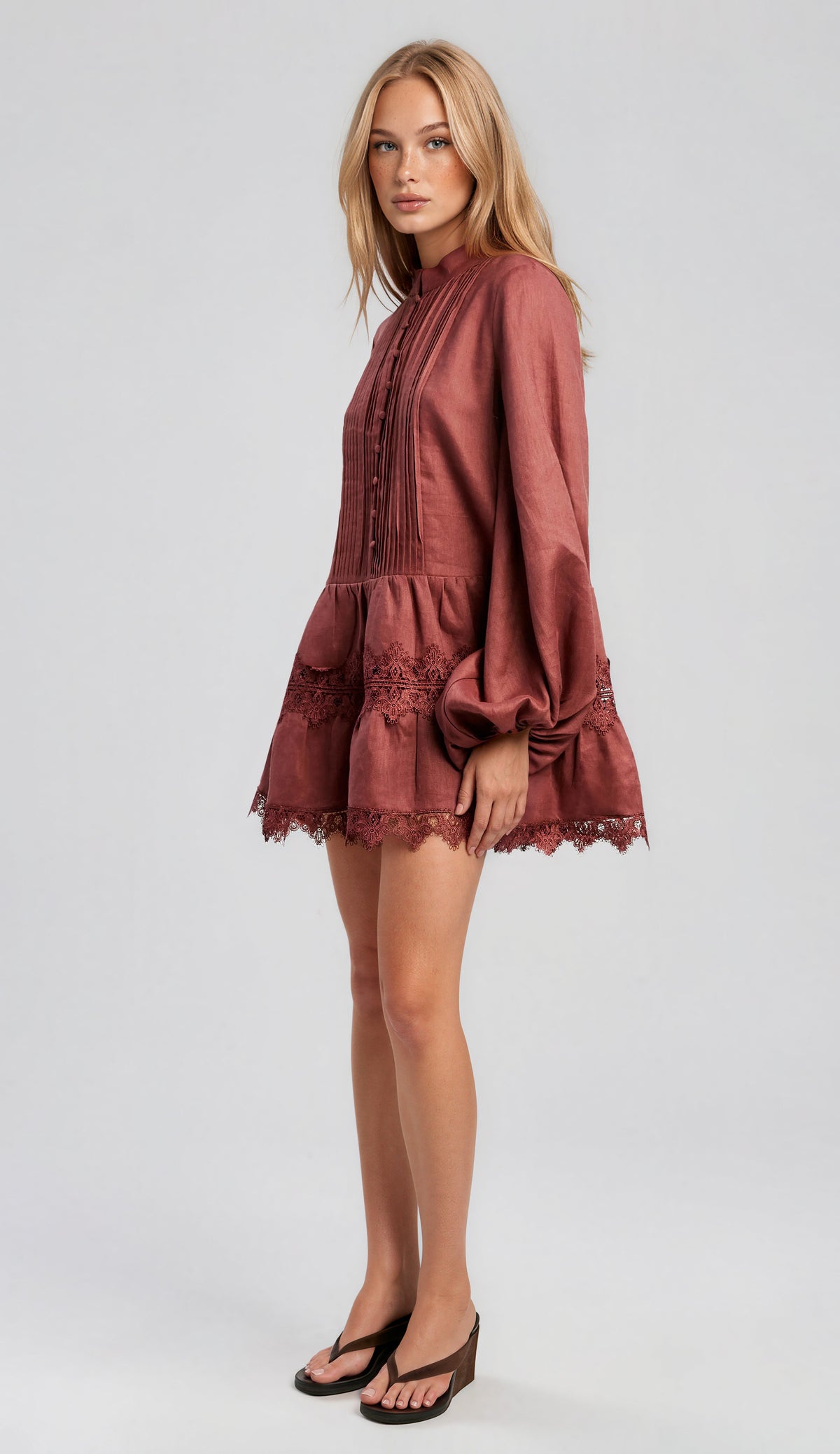 Antonia Lace Trim Mini Dress - Chestnut