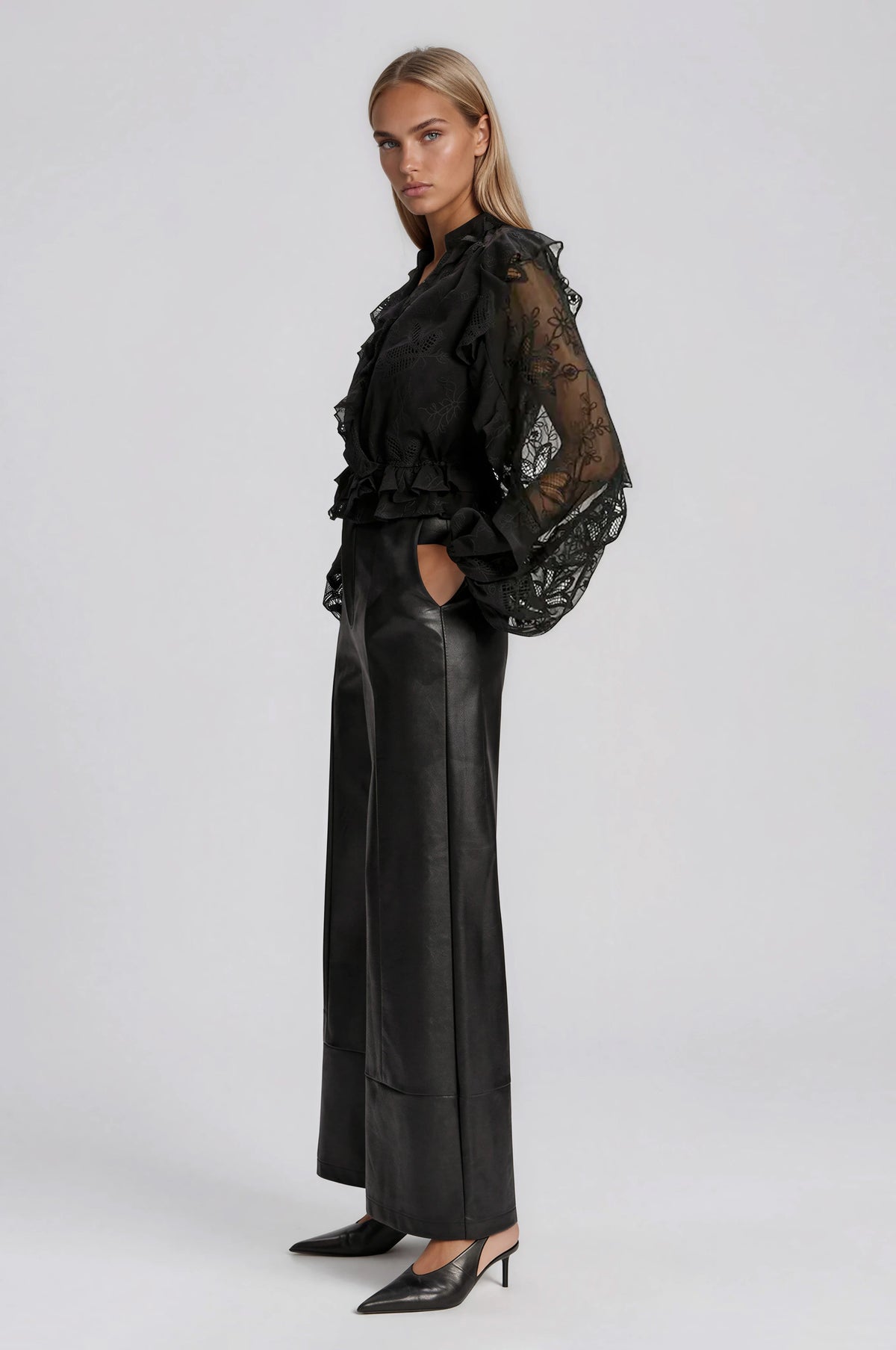 Frill Embroidered Blouse – Black (Final Sale)