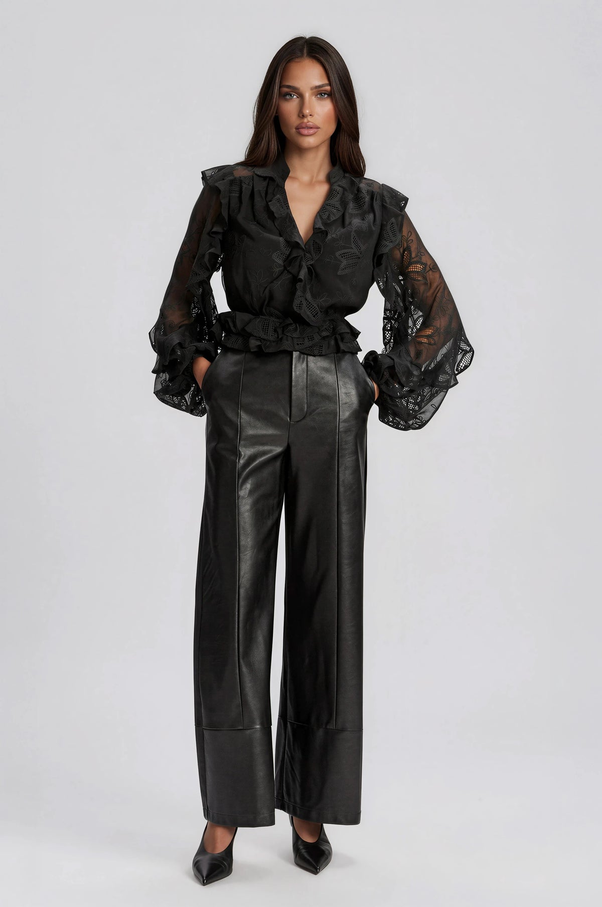 Frill Embroidered Blouse – Black (Final Sale)