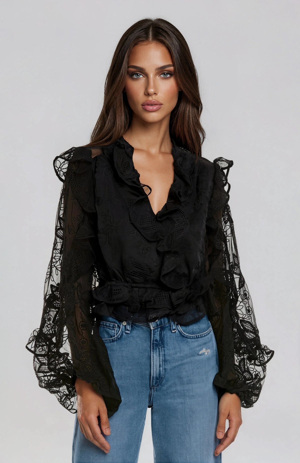 Frill Embroidered Blouse – Black (Final Sale)