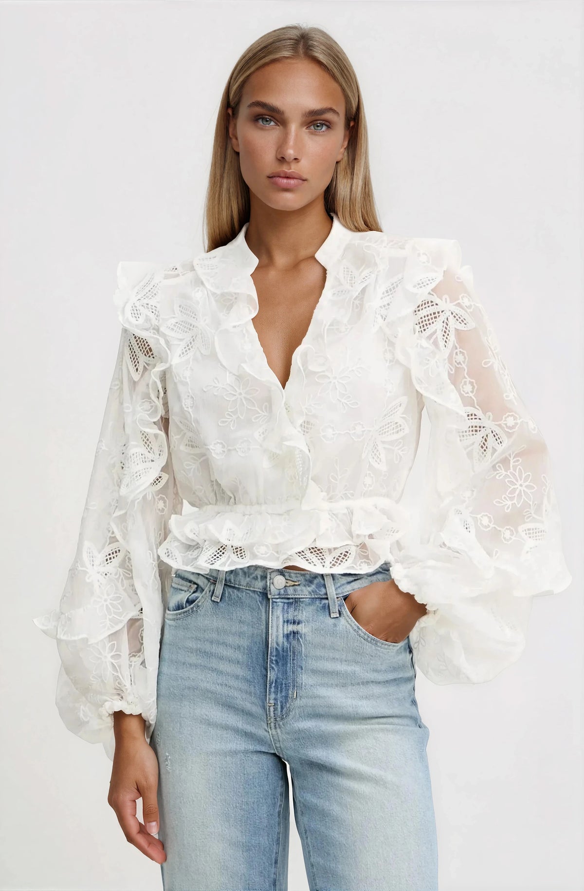 Frill Embroidered Blouse – Orchid White