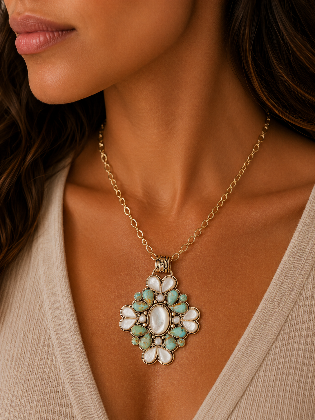 Barcelona Turquoise & Mother of Pearl Statement Necklace