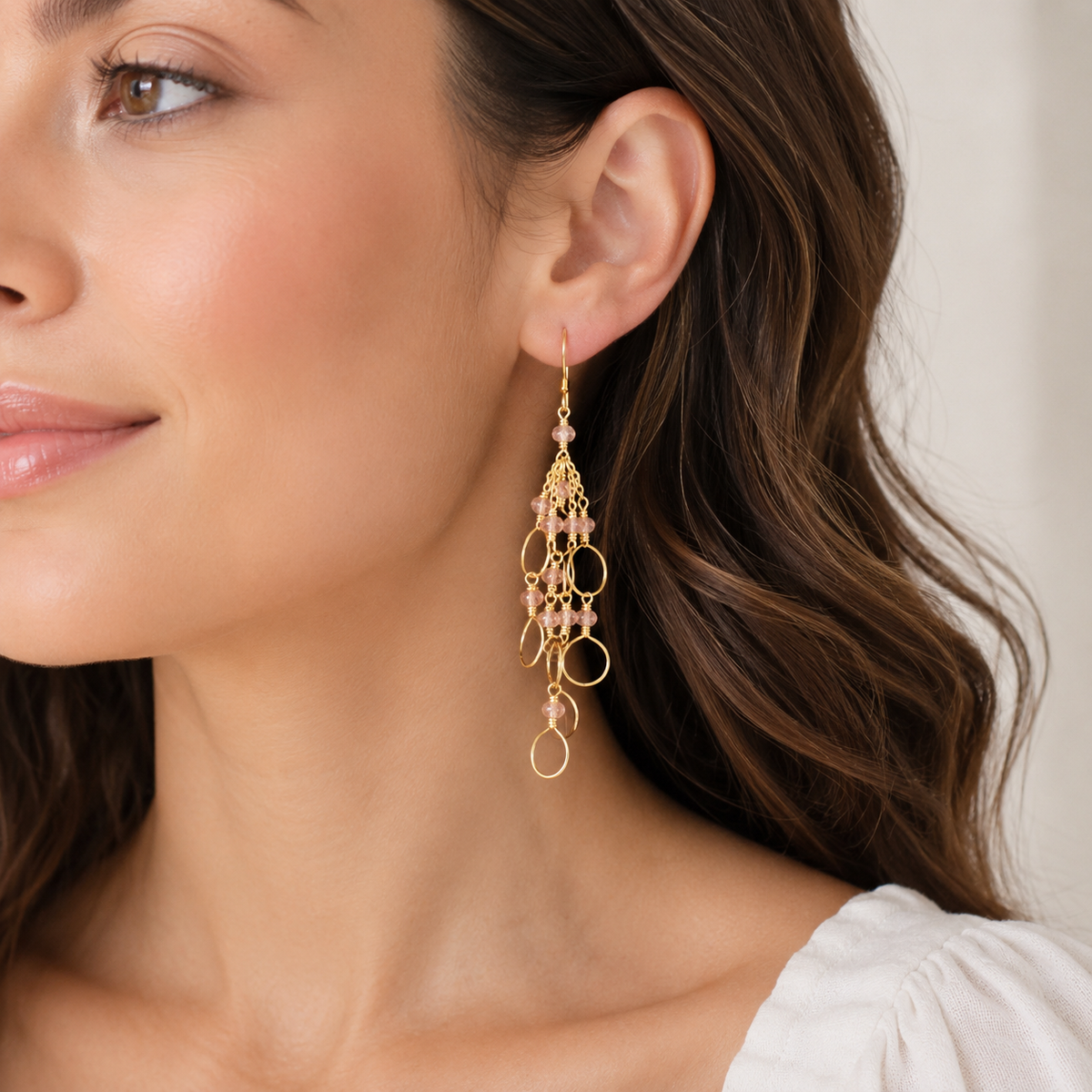 Champagne Quartz Gold Chain Loop Earrings