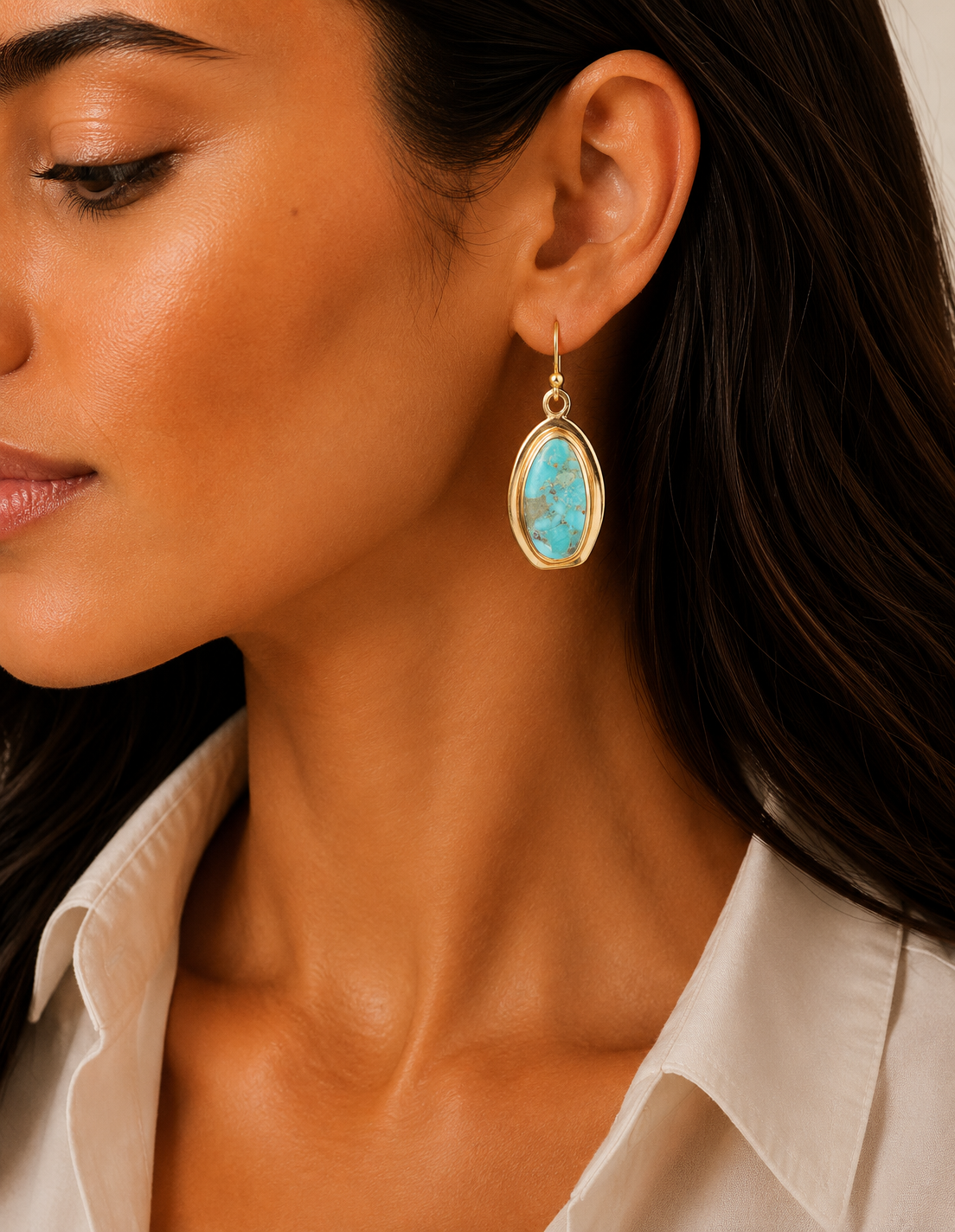 Genuine Blue Turquoise Golden Drop Earrings
