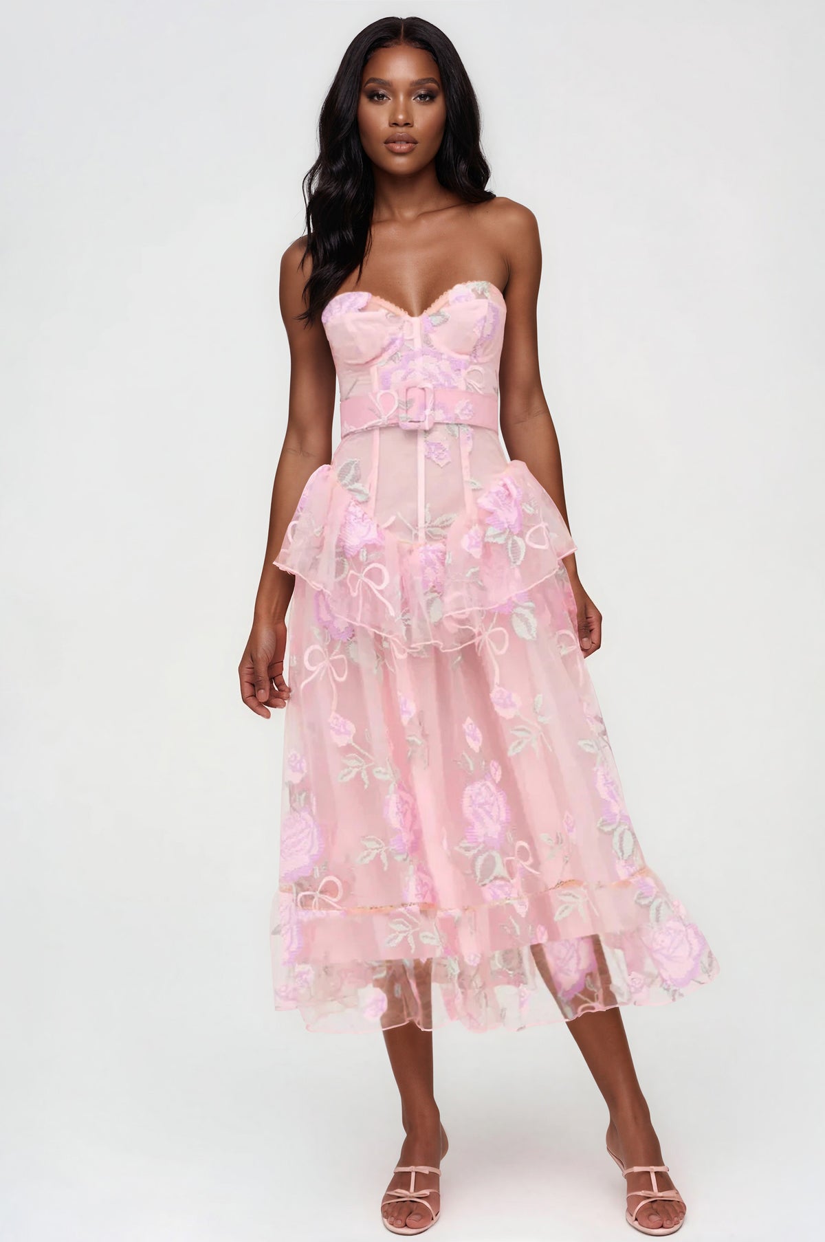 Emmeline Embroidery Midi Dress - Pink