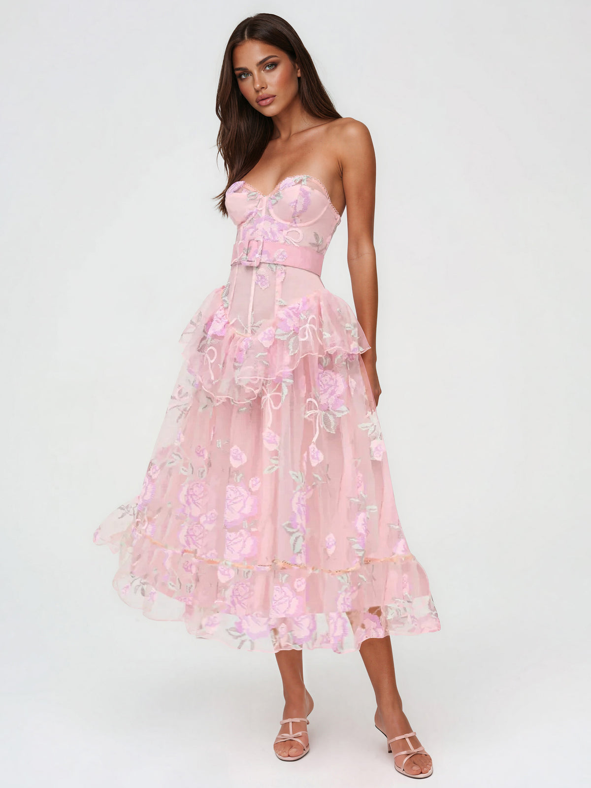 Emmeline Embroidery Midi Dress - Pink