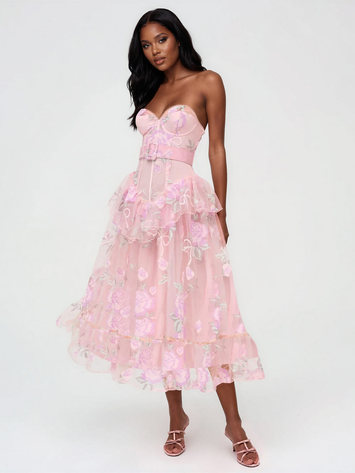 Emmeline Embroidery Midi Dress - Pink