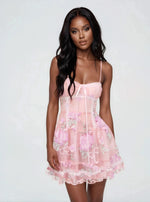 Emmeline Embroidery Ruffled Mini Dress - Pink