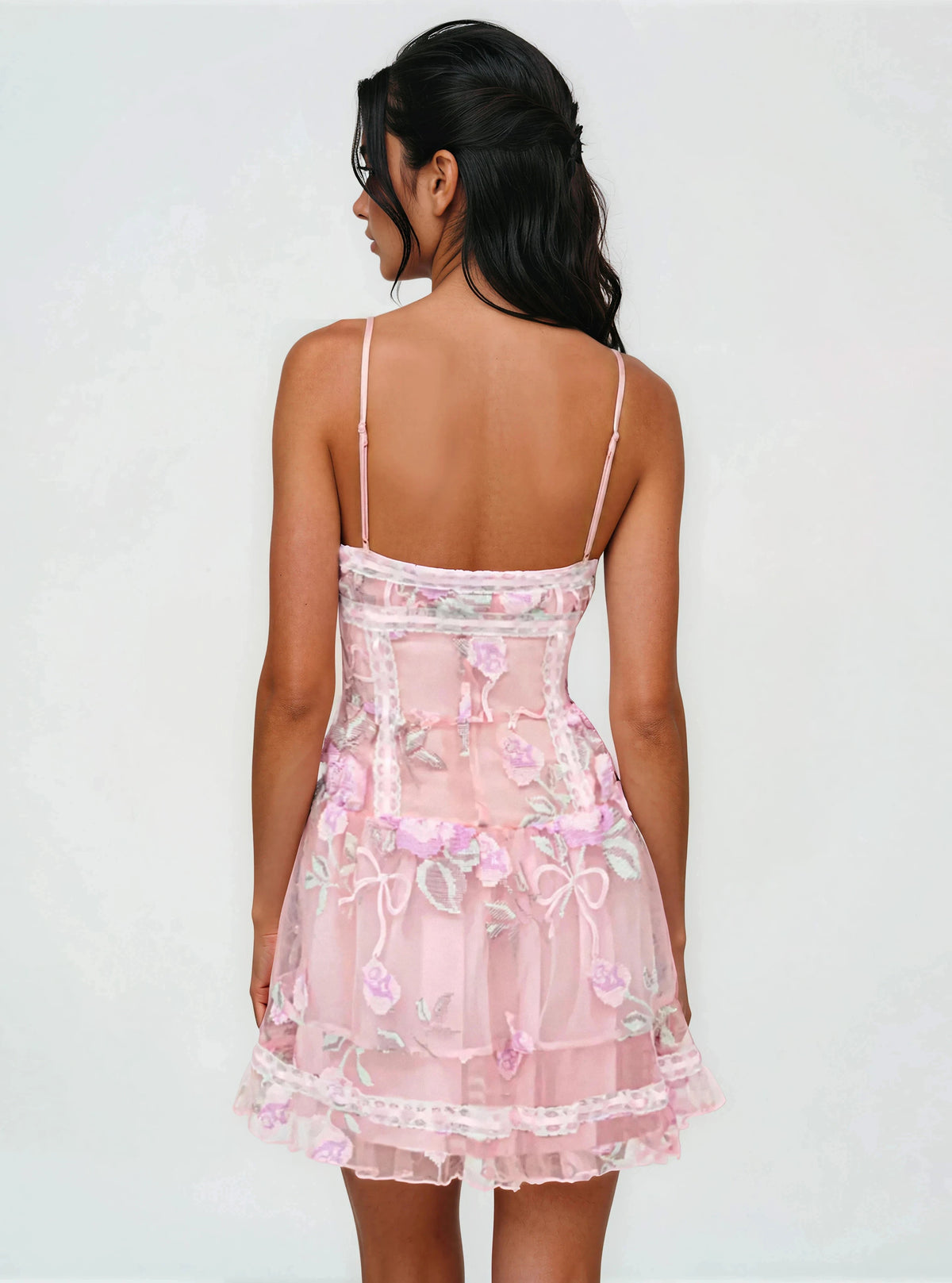Emmeline Embroidery Ruffled Mini Dress - Pink
