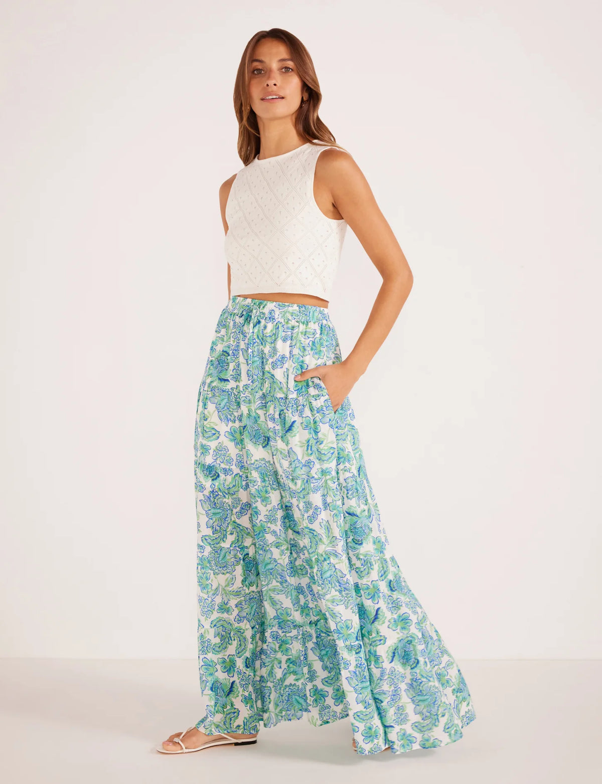 Alessia Tiered Midi Skirt - Blue/Green Floral (Final Sale)
