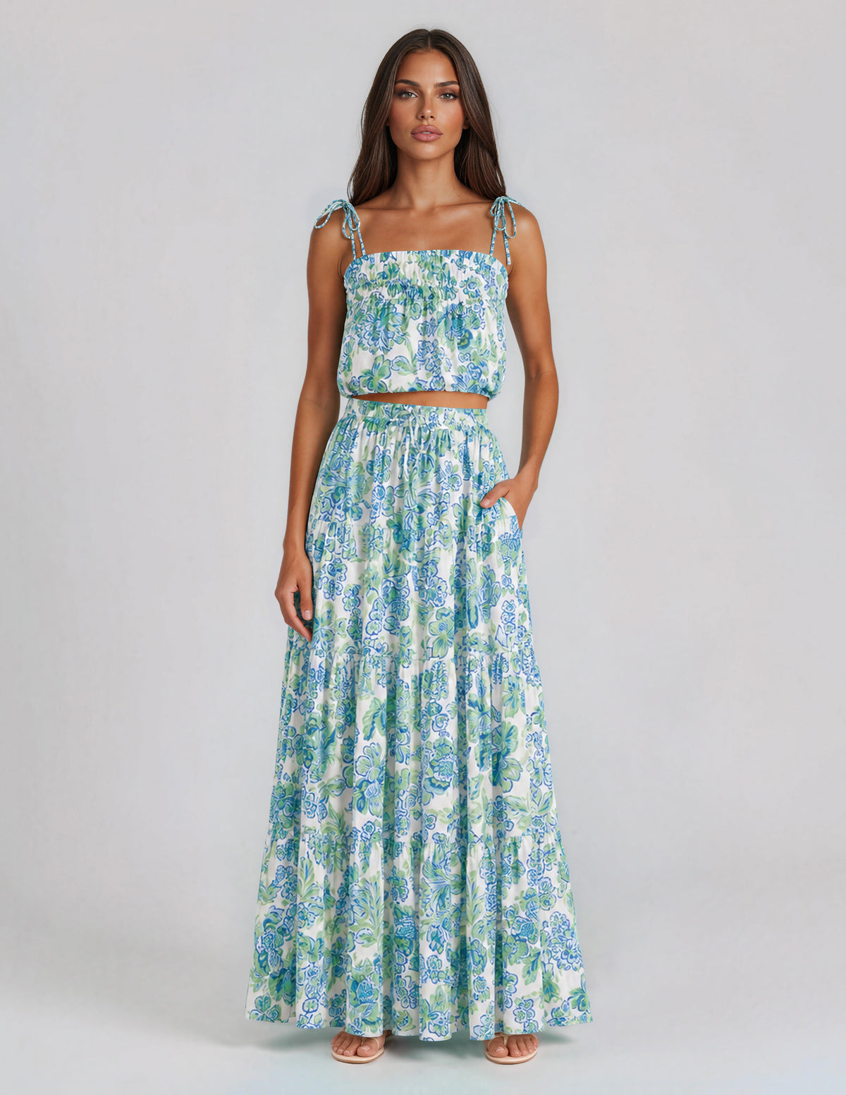 Alessia Tiered Midi Skirt - Blue/Green Floral (Final Sale)