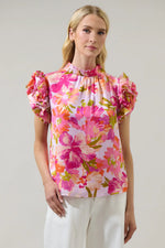 Abigal Floral Brenna Mock Neck Ruffle Blouse - Coral Multi (Final Sale)