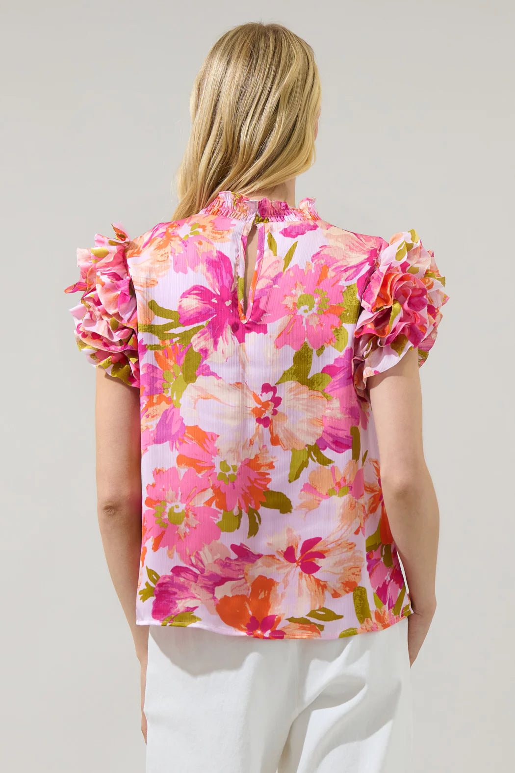 Abigal Floral Brenna Mock Neck Ruffle Blouse - Coral Multi (Final Sale)