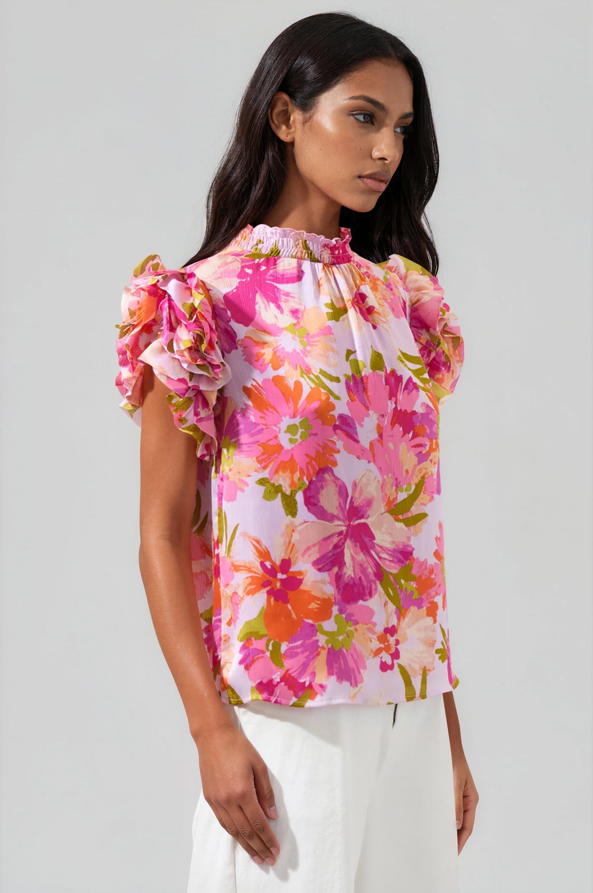Abigal Floral Brenna Mock Neck Ruffle Blouse - Coral Multi (Final Sale)